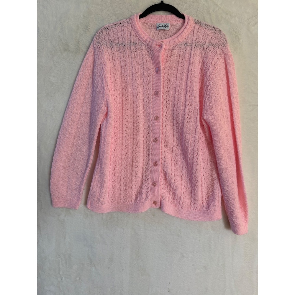 Cuddle Knit Vintage Pink Cardigan Sweater Womens XL Cable Pointelle Made in USA